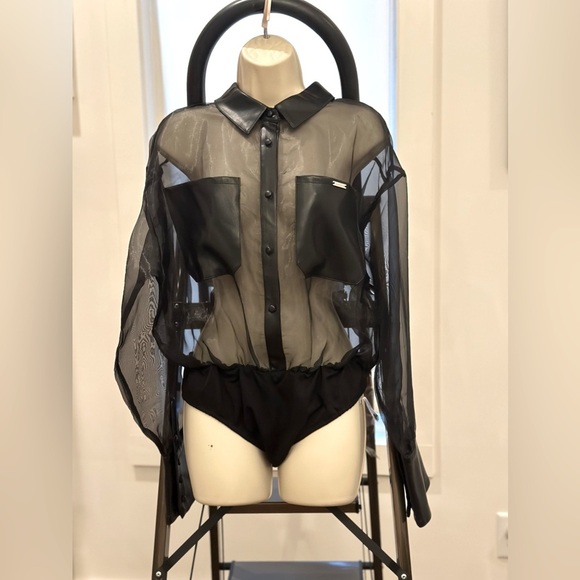 Maniere De Voir Tops - Maniere De Voir Black Organza & Vegan Leather  Bodysuit size US 8 UK 12 NWT